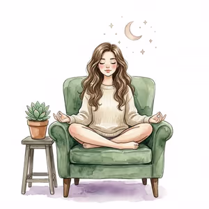 Woman practicing calm breathing on a sofa